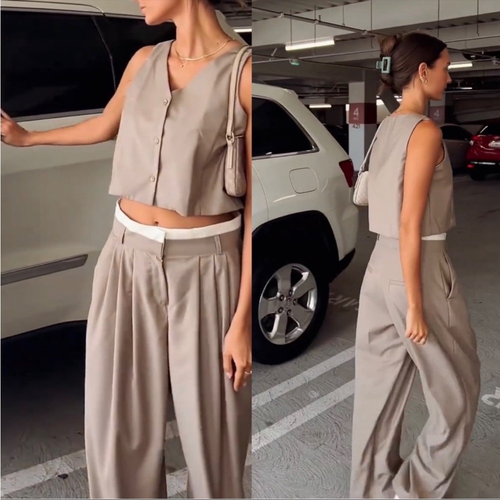 Korean Brand “Beside You” Vest and Pants Set with Button Down